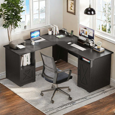 Draco 59" L Shaped Desk with Power Outlets &  File Drawer