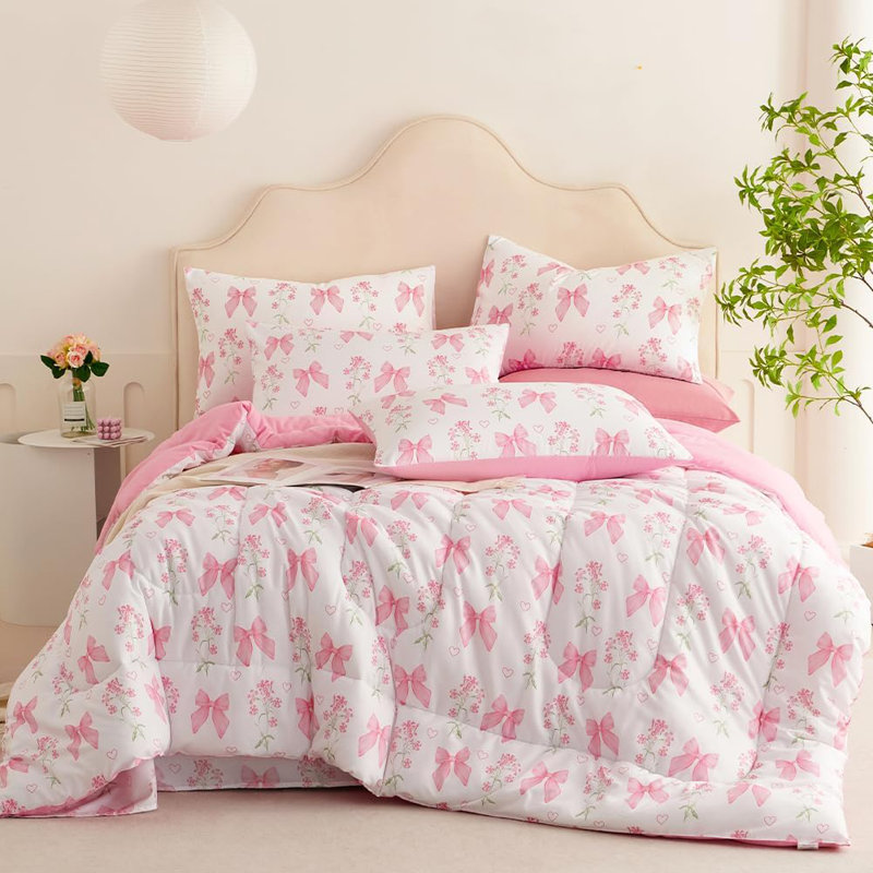 Girls Floral Comforter Set Romantic Princess Style Bowknot Bedding Set Ultra Soft Reversible Garden Flower Comforter With Pillowcases