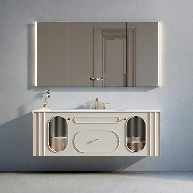 French cream-style smart bathroom cabinet, 19.68" H x 55.11" W x 21.65" D