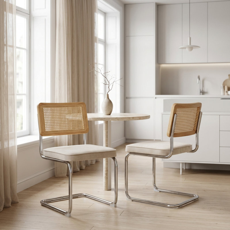 33In. H Modern Velvet Dining Chairs, Rattan Upholstered Kitchen Chairs With Stainless Base, Beige, Beige