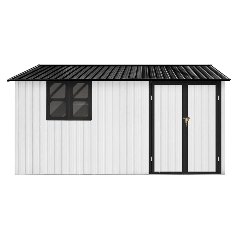 Remise de rangement extérieure en acier 10 x 12 pi avec porte à charnières et évent, Noir / blanc