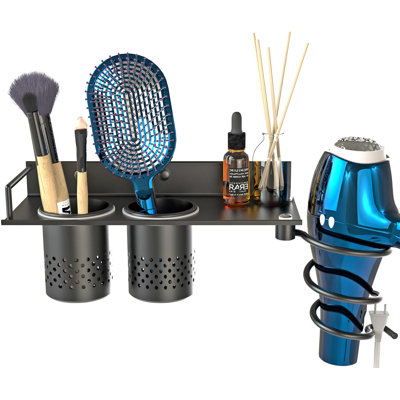 Support pour sèche-cheveux, organisateur pour outils de cheveux fixé au mur avec 2 tasses, étagère pour porte-séchoir de salle de bain, organisateur pour outils de coiffure