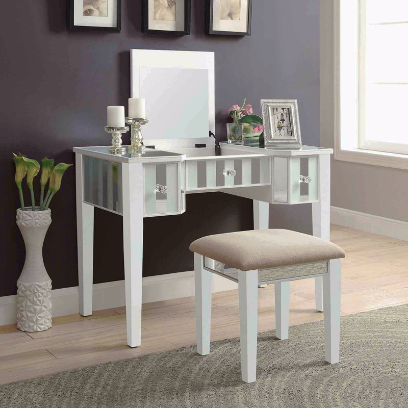 Transitional Style 1pc Vanity Stool Set Core Design Storage Drawers Central Mirror Padded Stool White Finish Bedroom Furniture