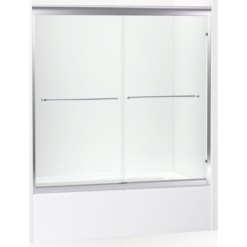 Fluence 54-5/8 - 59-5/8-In W X 58-In H Sliding Bath Door with 1/4-In Thick Crystal Clear Glass, Brushed Nickel
