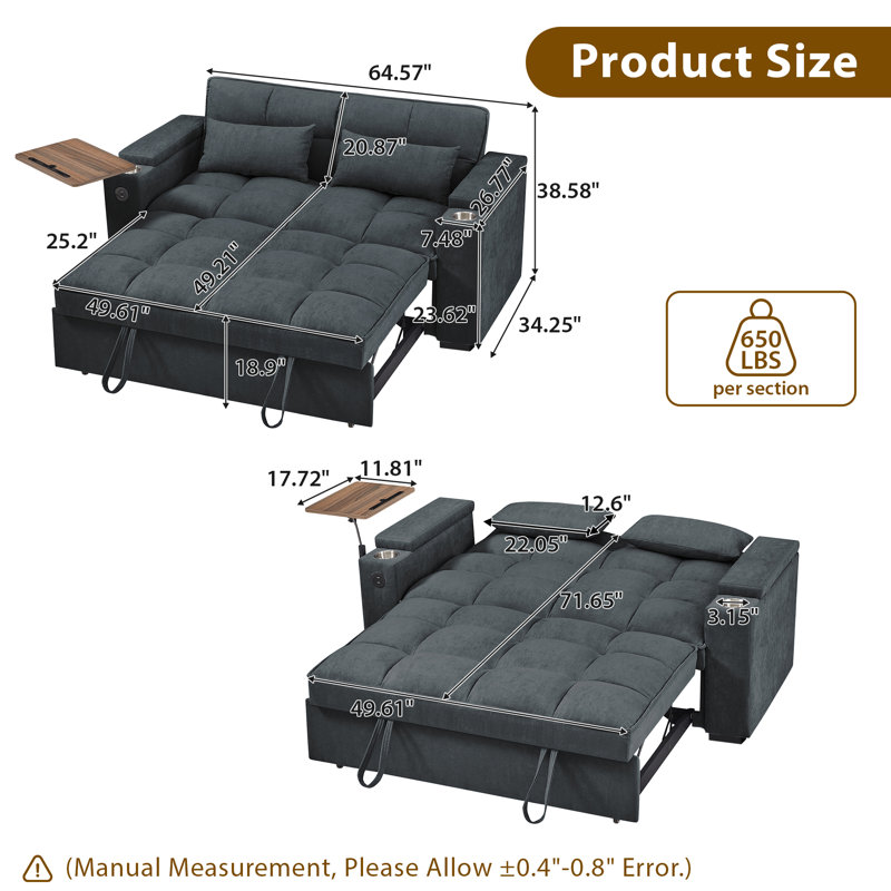 65"W Convertible 3 in 1 Sofa Bed, Vincy Pull Out Couch Loveseat Sleeper with Side Table&USB&Type-C Ports&Storage Armrests