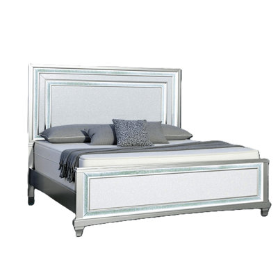 King Size Bed Frame With Faux Crystal And Led Headboard, Contemporary Style, Silver Gray Poplar Wood, Layered Frame, Beveled Unique Legs, Foundation Required