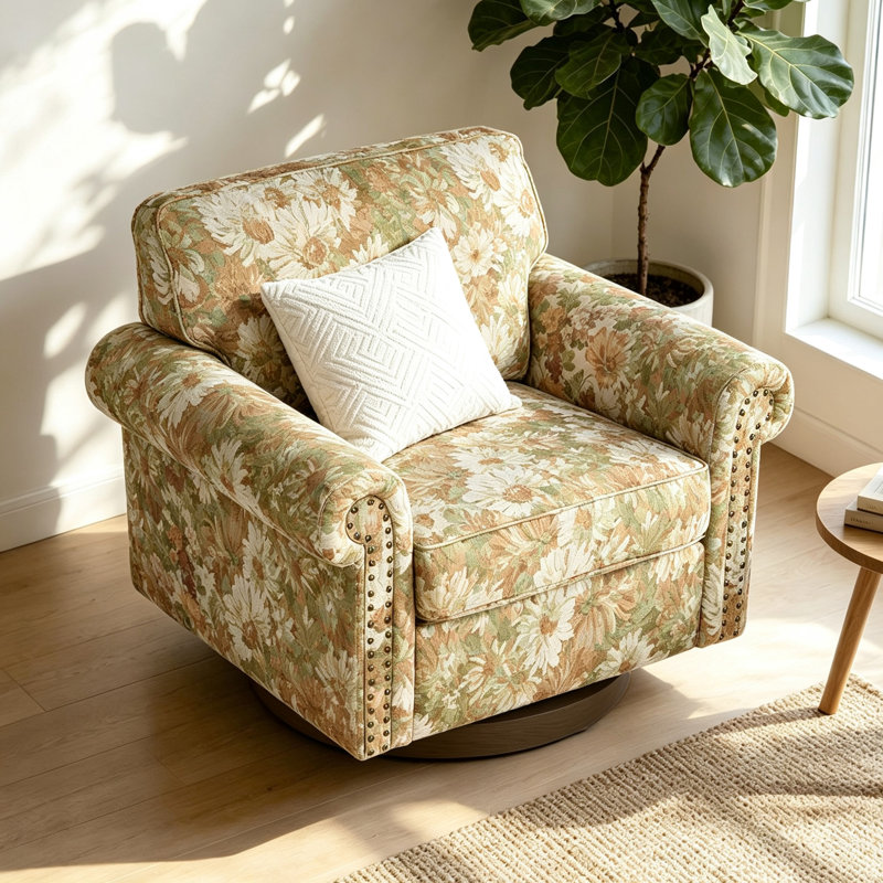 Fauteuil pivotant rembourré avec accoudoirs roulés et garniture cloutée, Fleurs de sable