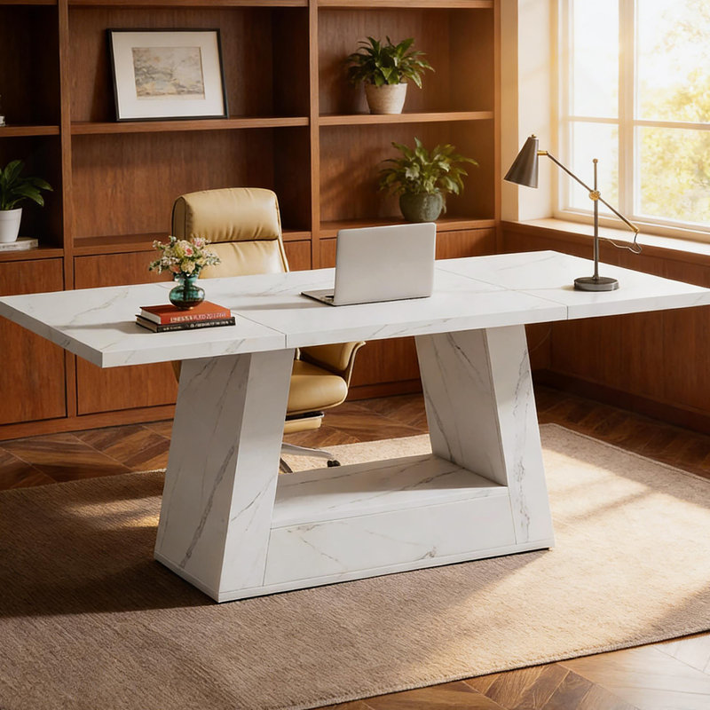 Bureau de direction spacieux, bureau d'ordinateur contemporain, bureau en faux marbre, table de salle à manger, Blanc