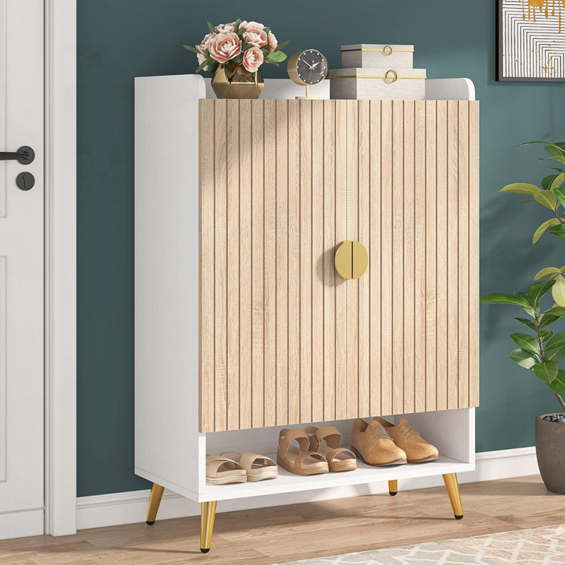 Armoire à chaussures avec tablettes réglables et portes, Bois clair/blanc