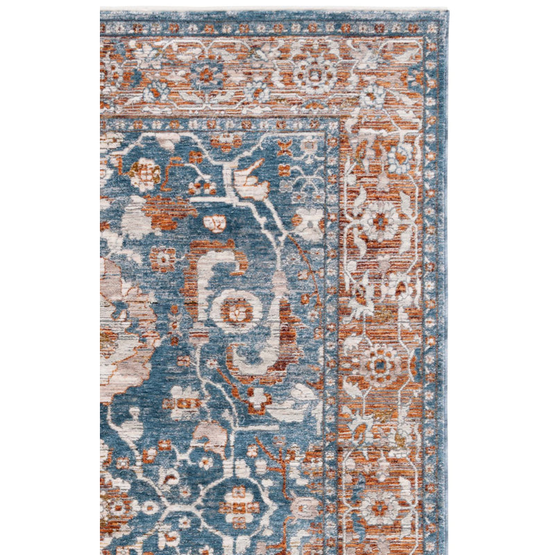 Tapis oriental en polyester tissé à la machine bleu / rouille, Carré 6 pi 3 po
