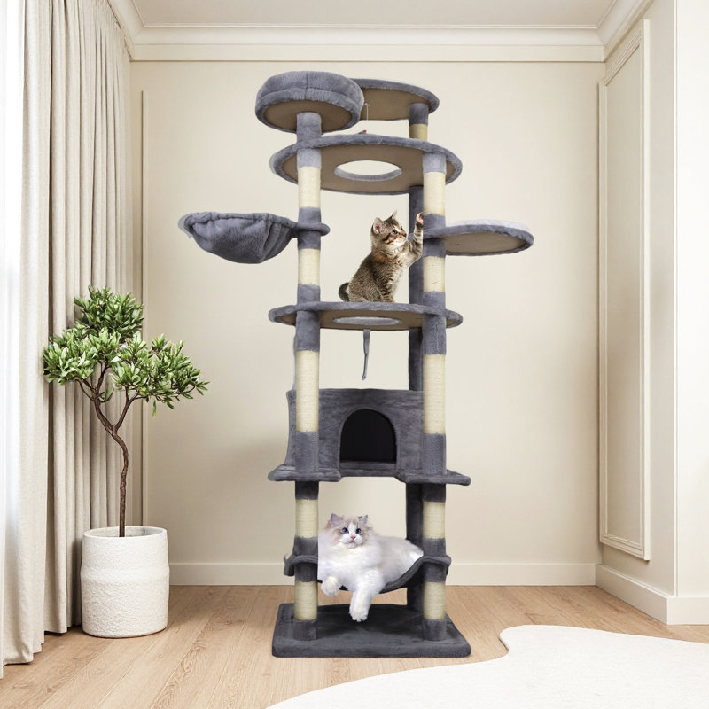 Tour de jeu 78 po Feline en gris foncé avec des cordes, des condos spacieux et des garnitures de surmatelas pour poteaux à griffes enveloppés d'un arbre à chat, conception facile à installer pour plus de confort