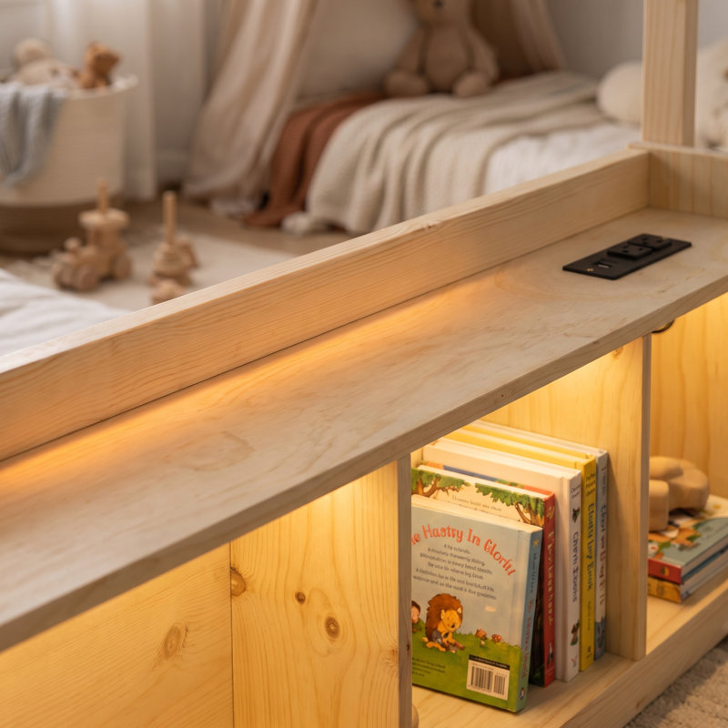 Lit sur pied avec tablettes de rangement, lumières DEL et station de charge, bois de pin massif, garde-corps de sécurité Hampton