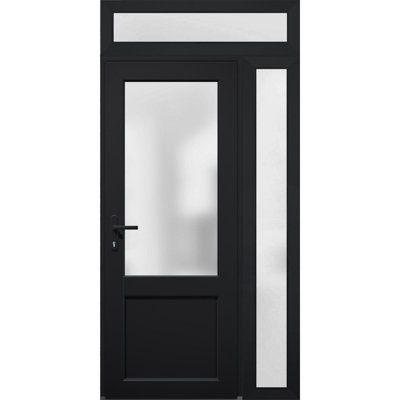 Porte d'entrée extérieure prémontée en PVC-U, verre dépoli, Manux 8422, noir mat, fenêtres latérales et supérieures. Convient aux bureaux, aux commerces et aux habitations. Parfait pour l'entrée, les patios et les garages. Dimensions : L 91,4 cm + 35,6 cm x H 203,2 cm + 35,6 cm. Ouverture à gauche vers l'intérieur.