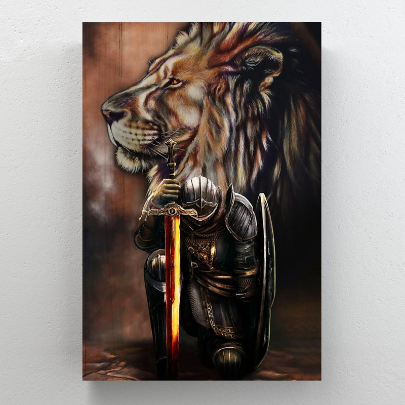 «Night Knight On One Knee And Lion», œuvre d'art graphique rectangulaire sur toile tendue, H 14 po x l 11 po x P 2 po