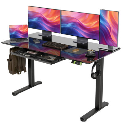 Ashya Ergonomic Glass Top Height Adjustable Standing Desk with Drawer and Hooks