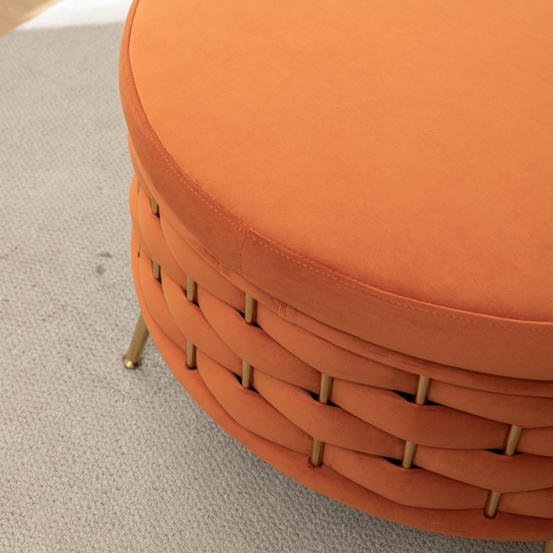 Cristen Upholstered Round Storage Ottoman, Orange