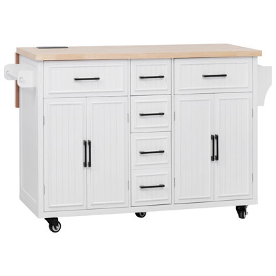 56.5" Kitchen Island With Drop Leaf, Power Outlet, Embossed Vertical Stripe Rolling Kitchen Cart On Wheels With 4 Doors, 5 Deep Drawers And Adjustable Shelves, For Kitchen, Dining Room