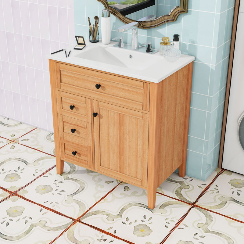 Meuble-lavabo autoportant rustique avec lavabo en céramique, rangement à fermeture en douceur et tablette réglable