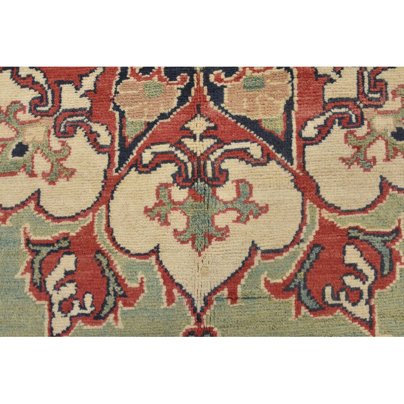 Hand-Knotted Green and Red Wool Cotton Area Rug