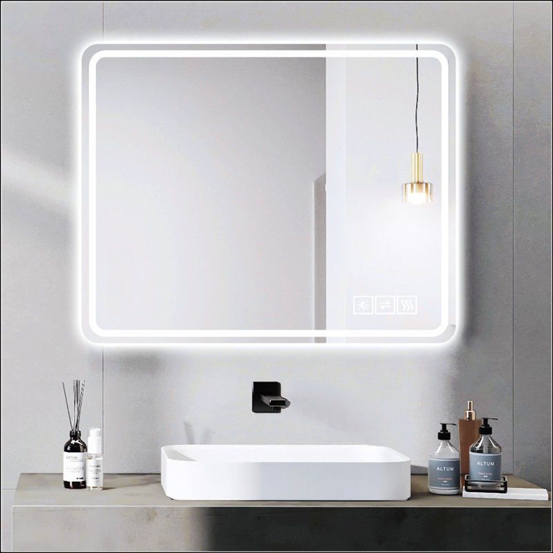 Miroir de salle de bain à DEL avec lumières antibuée et à intensité variable, fixé au mur et sans cadre, pour une salle de bain élégante et fonctionnelle.
