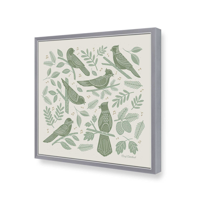«Song Birds Green» par Carey Copeland, reproduction d'art, H 12 po x l 12 po, Argent argent