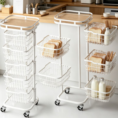 5-Tier Kitchen Fruit Vegetable Storage Cart with Rotating Baskets, Rolling Rack Shelf Organizer Floor Stand on Wheels for Snack Spice Produce Onion Potato Bin