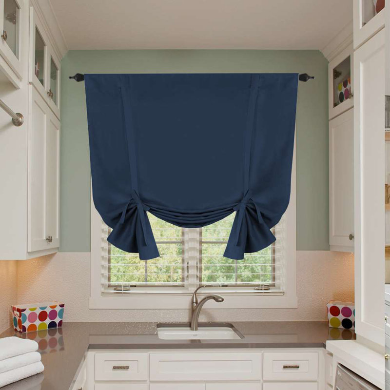 Curtain Thermal Insulated Tie Up Window Shade Light Blocking Curtains for Bathroom, Rod Pocket Single Panel, Navy