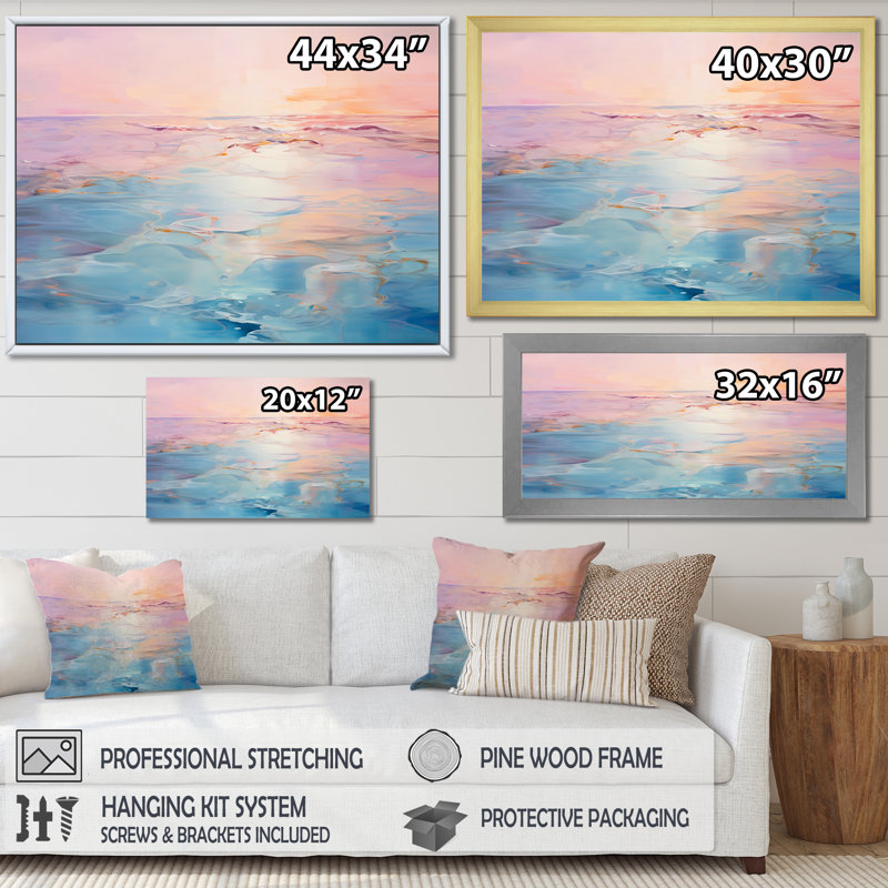 Rose et bleu pastel coucher de soleil - vagues côtières, art mural, Cadre flottant doré, H 16 po x l 32 po x P 1 po