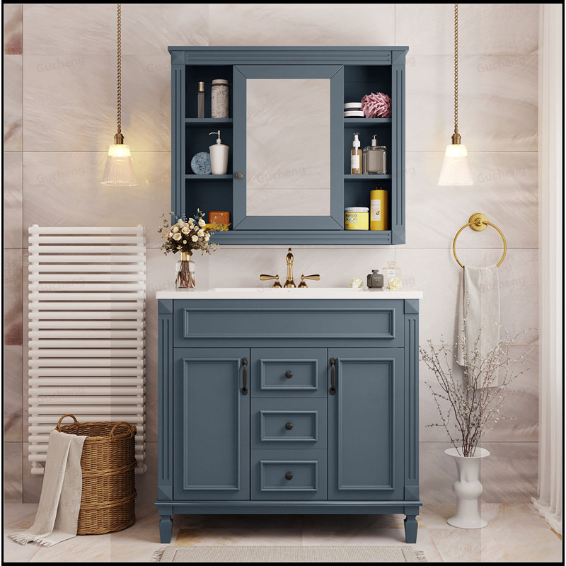 Meuble-lavabo à fermeture en douceur 36 po avec miroir, Bleu