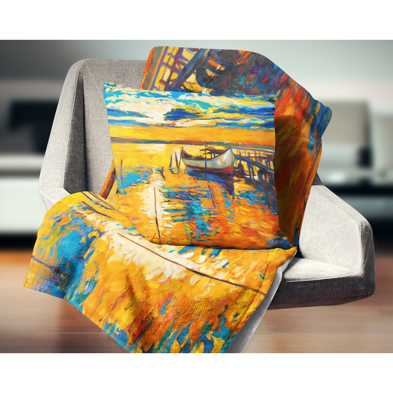 Coussin lombaire paysage bateau et jetée au coucher du soleil, 16 po x 16 po, Carré