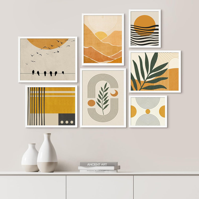 " Collage Mid-Century Pastel Circle Plants Abstract " 7 - Pieces, White Framed