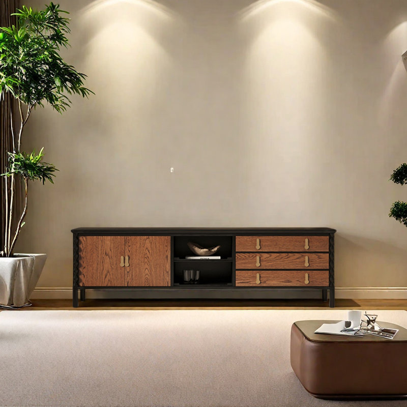Meuble télé en bois de frêne massif avec tablettes ouvertes, H 17,71 po x L 25,59 po x l 94,48 po