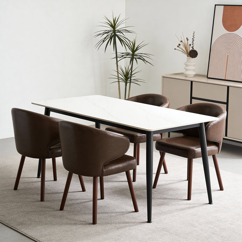 Modern PU Leather Dining Chair with Curved Backrest and Solid Wood Legs, Brown