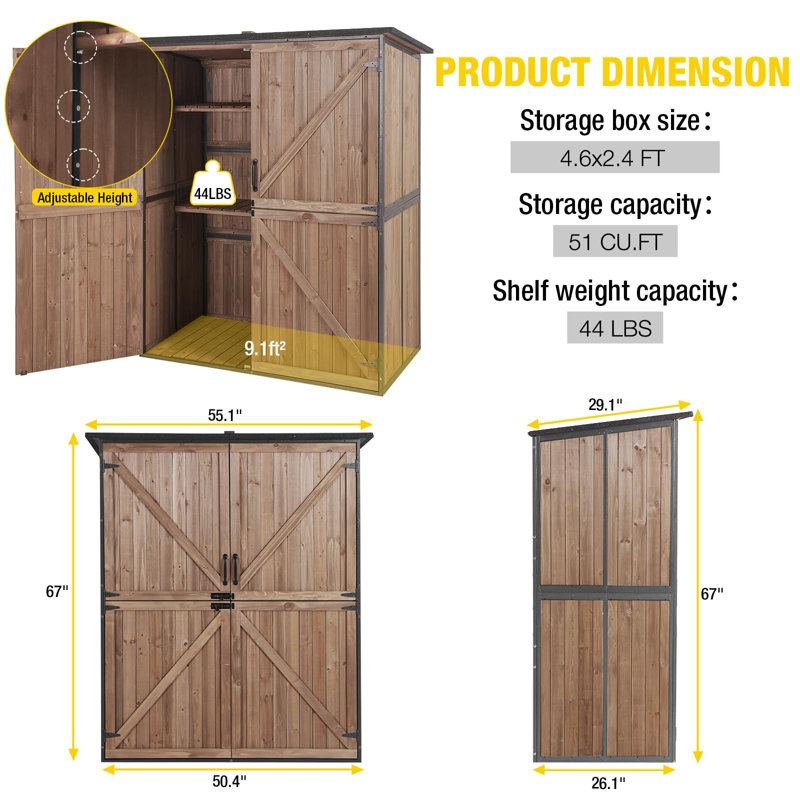 Armoire de rangement extérieure améliorée avec armature en métal solide et rangement pour outils de jardin avec tablettes réglables et plancher en bois brun foncé