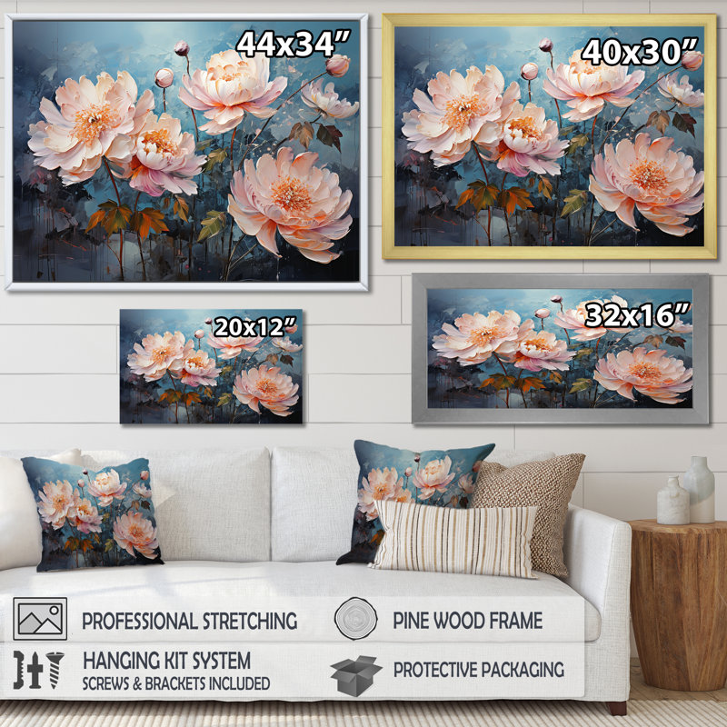Peony Petal Poetry sur toile, Cadre photo argenté, H 16 po x l 32 po x P 1 po