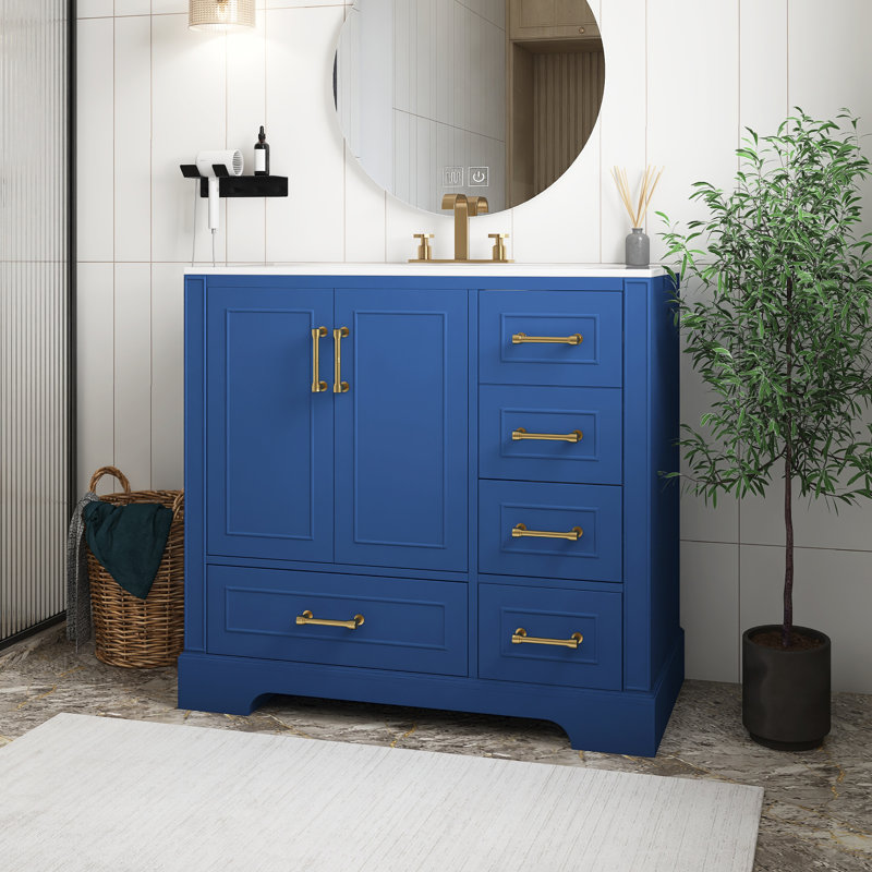 Meuble-lavabo traditionnel avec lavabo en céramique, armoire de salle de bain bleue avec deux portes à fermeture douce et quatre tiroirs
