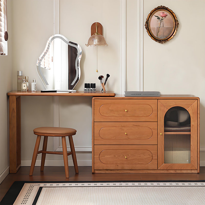 Retro Solid Wood Dressing Table and Cabinet with Extendable Dressing Table
