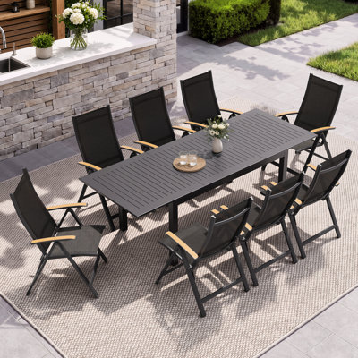 8-Person Aluminum Patio Dining Set with Extendable Rectangular Table and Folding Reclining Armchairs