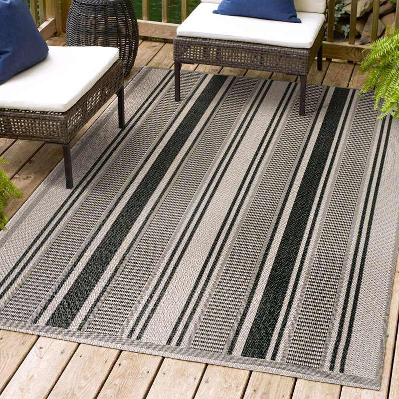 Clarina Modern Double Stripe Black/Beige Indoor/Outdoor Rug, Rectangle 5'3" x 7'7"