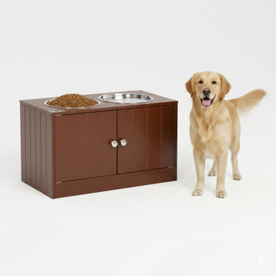 Bols pour chiens surélevés pour les grandes races, avec une armoire de rangement d'une capacité généreuse de 44 litres, un support de bol surélevé et une station de nourriture pour animaux, fini en brun