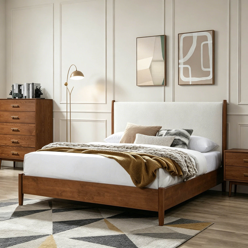 Tête de lit à panneau de couleur noyer beige avec revêtement de lit très grand 1pc en bois massif de style Mid-Century