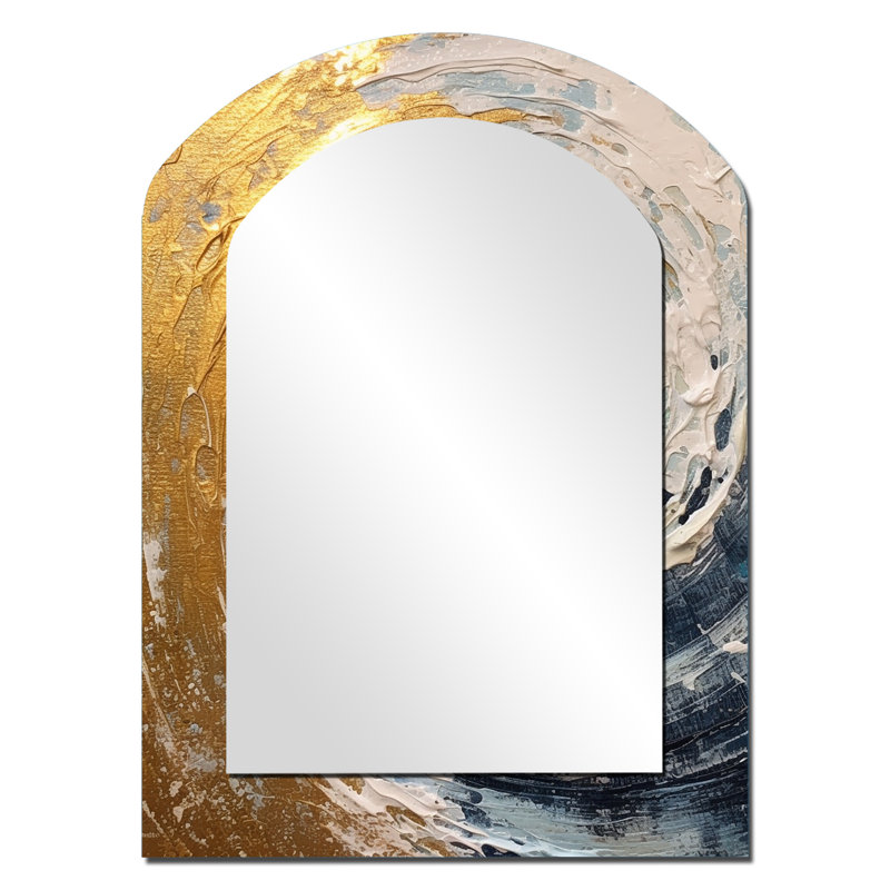 Gold and Blue Spiral Nebula - Abstract Spirals Arch Unique Wall Mirror, Modern Asymmetrical Mirror, Printed Metal Art