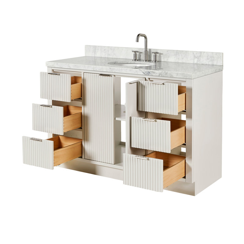 Meuble-lavabo simple 54 po en bois massif avec comptoir en marbre de Carrare blanc 1,5 po, Ovale, Blanc chaud, 55"