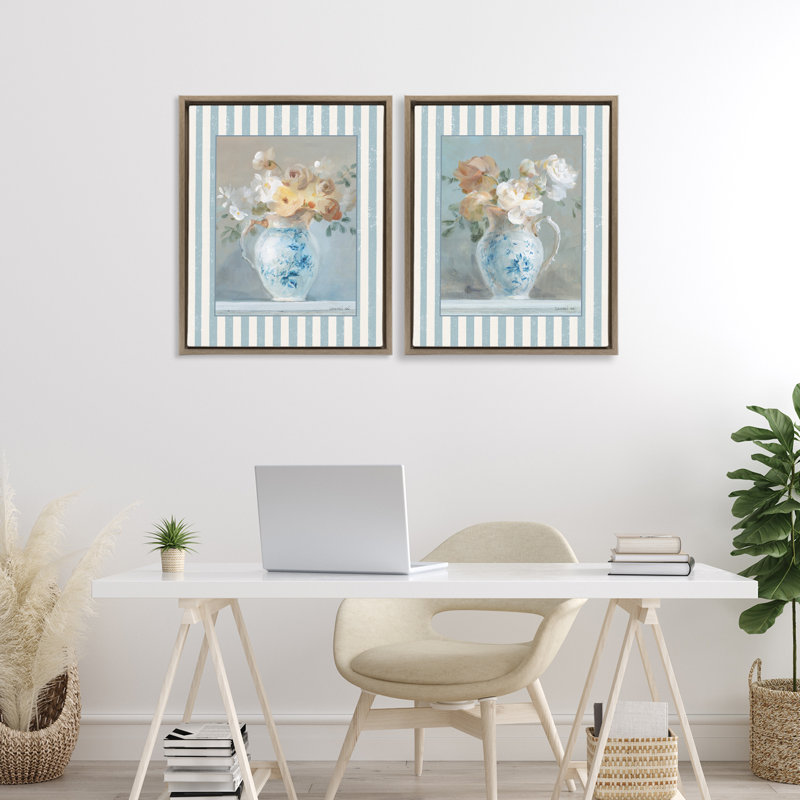 Ensemble de 2 cadres flottants Heirloom Bouquet on Stripes, design par Danhui Nai, H 21 po x l 17 po