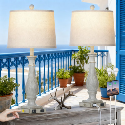 Farmhouse Table Lamps Set Of 2 With USB C+A Ports & AC Outlet, 3-Way Dimmable Touch Control Bedside Lamps For Living Room And Bedroom