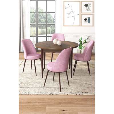 Ensemble de table et chaises de salle à manger moderne 5 pièces, baroque et rose | Table en carton 100% mélaminé, table: 35,4 po x 29,5 po x 35,4 po | Chaises: 17,7 po x 35,8 po x 16,5 po | Pieds en métal, sièges en mousse confortables, parfaits pour les espaces de salle à manger contemporains