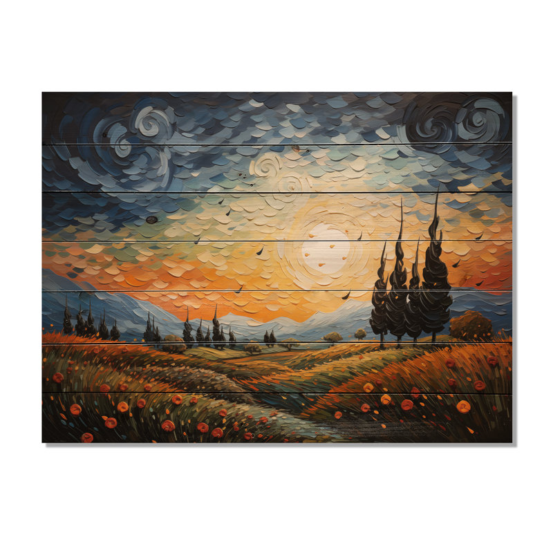 Le cyprès pointillisme III - Vangogh paysage mural en bois sur bois de pin naturel, H 30 po x l 40 po