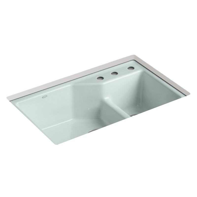 Indio® 33" L x 21.125" W Double Basin Undermount Kitchen Sink with Accessories, Basalt, 3 hole