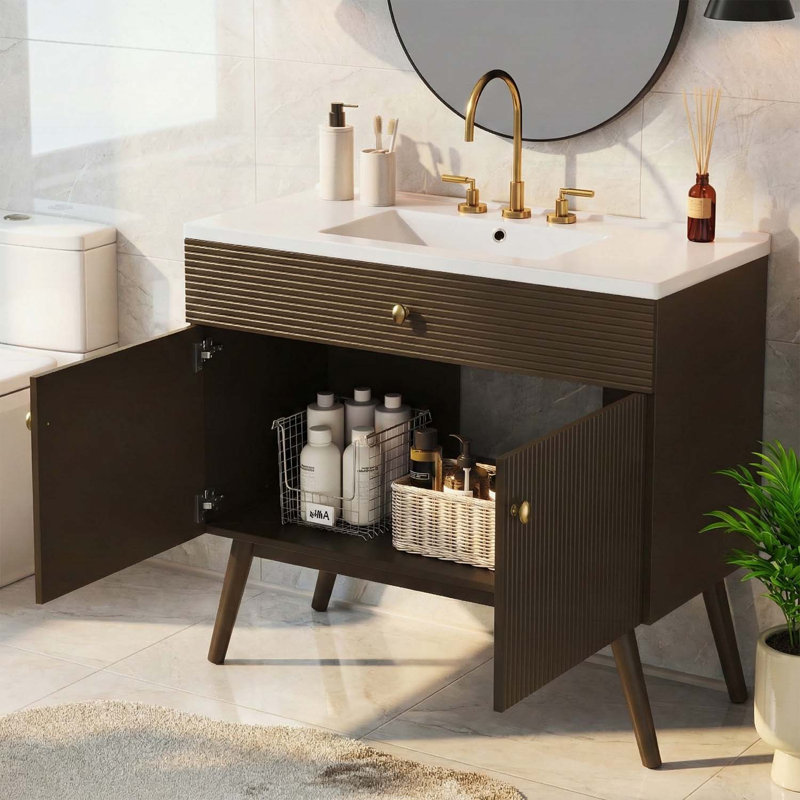 Meuble-lavabo de salle de bain avec double rangement à fermeture en douceur et lavabo en céramique