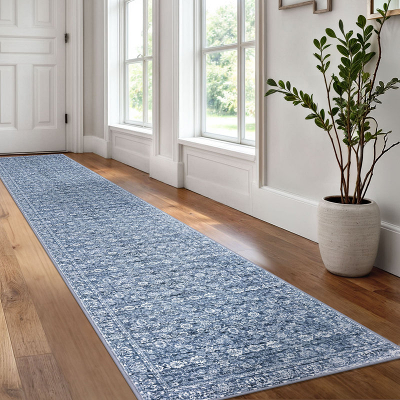 Blue Area Rugs Washable Rug for Living Room Bedroom Rug with Rubber Backing, Runner 2' x 12'